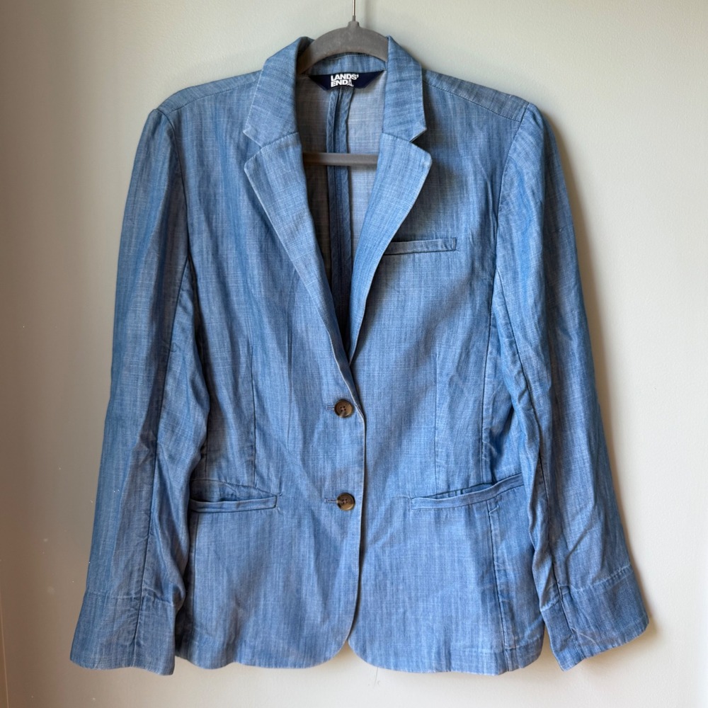 Lands' End Women's Blazer Chambray Denim Lightweight Button Front Pockets Small